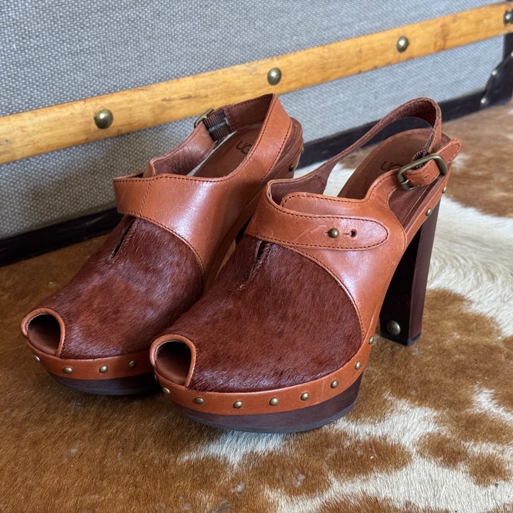 Rare UGG Brown Leather Peep-Tod heels
